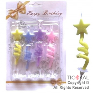 VELA RULO ESTRELLA MULTICOLOR PASTEL 9 CM x 4 UNIDADES